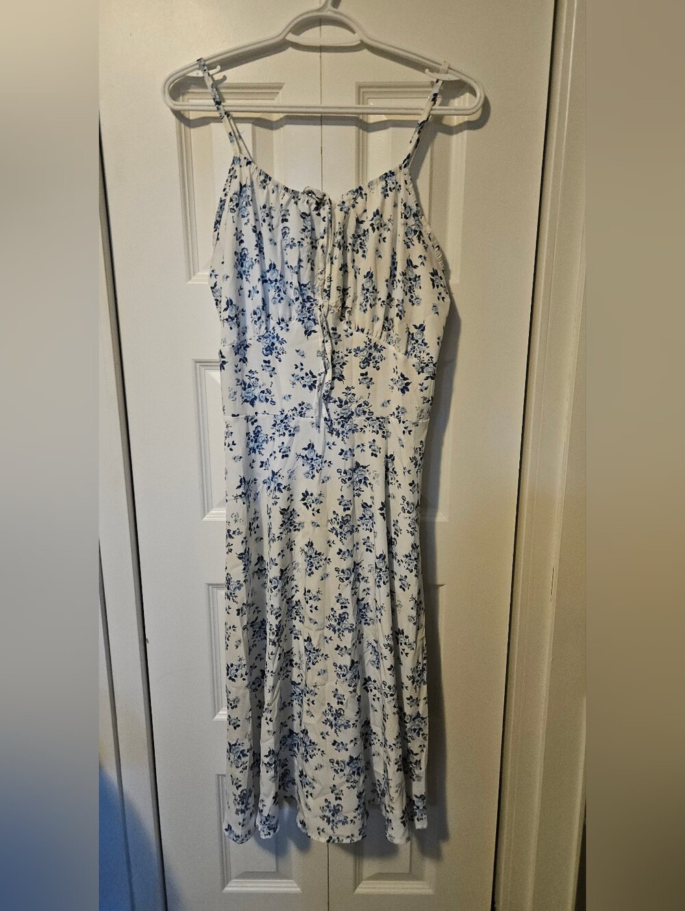 White and Blue Floral Spaghetti-Strap Maxi Dress